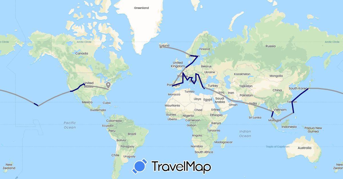 TravelMap itinerary: driving, plane in United Arab Emirates, Austria, Denmark, Spain, France, Greece, Croatia, Hungary, Indonesia, Iceland, Italy, Japan, Monaco, Netherlands, Norway, Portugal, Sweden, Thailand, Taiwan, United States (Asia, Europe, North America)